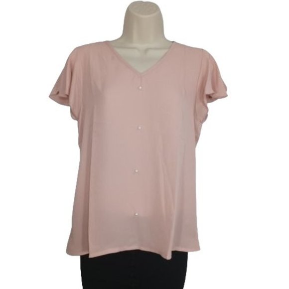 SHEIN Tops - Shein Blouse Womens Small Pink Button Front Top Pullover Short Sleeve V-Neck